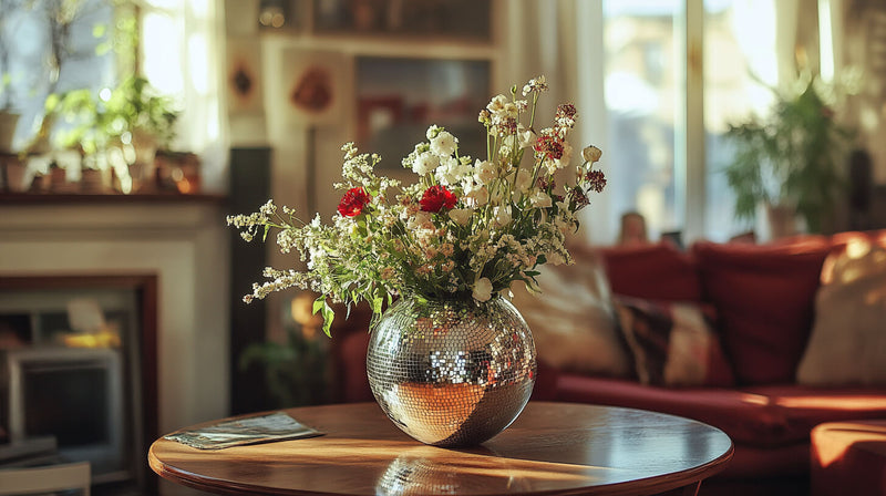 Disco ball vase centerpiece with flowers on a wooden table