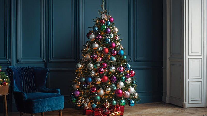 Christmas tree decorated with colorful disco ball ornaments