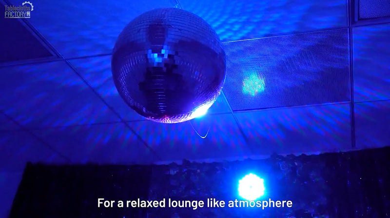 Blue LED lights illuminating a disco ball for a relaxed, lounge-like lighting effect.