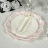 25-Pack Paper Dessert Plates in White with Pink Damask Floral Print & Scallop Rim