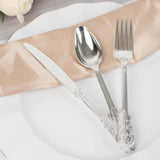 24 Pack | Metallic Silver Baroque Style Heavy Duty Plastic Silverware Set