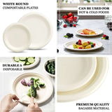 50 Pack | 7inch White Biodegradable Bagasse Dessert Plates, Sugarcane Appetizer Salad Party Plates
