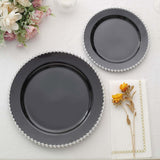 10-Pack Black Plastic Dessert Plates – 8inch Round with Silver Beaded Rim, Disposable for Parties