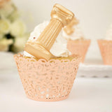 25 Pack | Blush Rose Gold Lace Laser Cut Paper Cupcake Wrappers, Muffin Baking Cup Trays