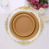 25 Pack | 8 Round Natural Brown Paper Salad Plates With Gold Lined Rim, Disposable Dessert Appetize