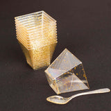 24 Pack | 2oz Gold Glittered Clear Disposable Square Snack Bowl and Spoon Set