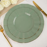 9inch Dusty Sage Heavy Duty Disposable Dinner Plates with Gold Ruffled Rim, Hard Plastic Dinnerware