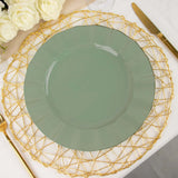 10 Pack | 11 Dusty Sage Disposable Dinner Plates With Gold Ruffled Rim, Round Plastic Party Plates