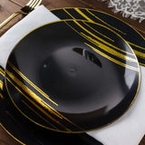 10 Pack | Black & Gold Brush Stroked 7inch Round Plastic Dessert Plates