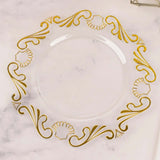 10 Pack Clear Gold European Style Disposable Dinner Plates Vintage Baroque With Scalloped Rim