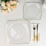 10 Pack | 10inch Clear / Gold Wavy Rim Modern Square Plastic Dinner Plates, Disposable Party Plates