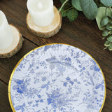 25 Pack | 7inch Blue Chinoiserie Floral Disposable Salad Plates with Gold Rim