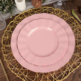 9inch Dusty Rose Heavy Duty Disposable Dinner Plates Gold Ruffled Rim, Plastic Dinnerware