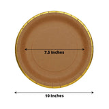 25 Pack | 10 Round Natural Brown Paper Dinner Plates With Gold Lined Rim, Disposable Party Plates