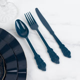 72 Pack Navy Blue Plastic Silverware Set in Baroque Style, Heavy Duty Disposable Forks