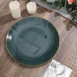 10 Pack | 10inch Glossy Hunter Emerald Green Round Disposable Dinner Plates With Gold Rim