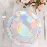 25 Pack | Iridescent 9inch Geometric Dinner Paper Plates, Disposable Plates with Decagon Rim