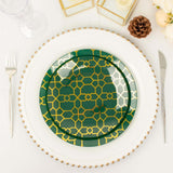 20 Pack Set | 9inch, 7inch Hunter Emerald Green Geometric Gold Print Plastic Plates