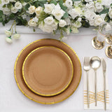 25 Pack | 10 Round Natural Brown Paper Dinner Plates With Gold Lined Rim, Disposable Party Plates