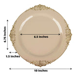 Taupe Gold Leaf Embossed Baroque Plastic Dinner Plates, Disposable Vintage Round Dinner Plates