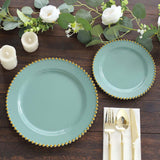 10-Pack Dusty Sage Green Plastic Dessert Plates – 8inch Round with Gold Beaded Rim, Disposable