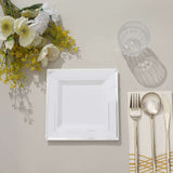 10 Pack - 7inch Silver Trim White Square Plastic Salad Dessert Plates