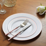 10 Pack | 10inch Très Chic Rose Gold Rim White Disposable Dinner Plates, Plastic Party Plates