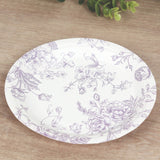 25 Pack 7inch French Toile Disposable Salad Plates, White Lavender Lilac Round Paper