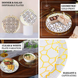 20 Pack Set | 9inch, 7inch White & Clear Geometric Gold Print Plastic Plates