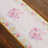 11x108inch White Pink Non-Woven Peony Floral Table Runner with Gold Edges, Spring Summer Kitchen