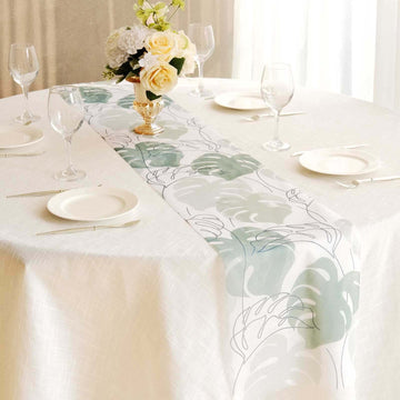 Disposable Table Runner 11"x108" White with Green Monstera Palm Leaves Print - Non-woven Stylish Spring Summer Dining Decor