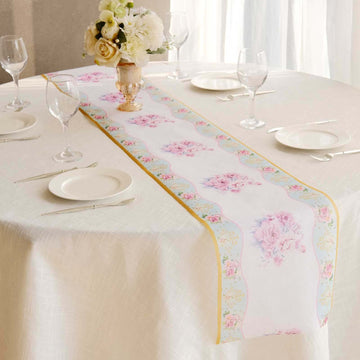 Disposable Table Runner 11"x108" White with Pink Peony Floral Print - Non-woven Stylish Spring Summer Dining Decor