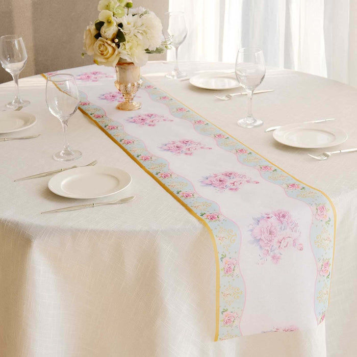 11x108inch White Pink Non-Woven Peony Floral Table Runner with Gold Edges, Spring Summer Kitchen