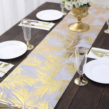 Disposable Table Runner Roll 108" Metallic Gold Foil Palm Leaves Print - Chic Non-Woven Tropical Table Decor for Events