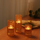 Set of 3 Amber Gold Glass Taper Candle Stick Stand with Gemstone Pattern