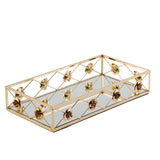 Set of 2 Gold Metal Decorative Vanity Serving Trays, Rose Bordered Rectangle Mirrored Trays