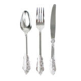 24 Pack | Metallic Silver Baroque Style Heavy Duty Plastic Silverware Set#whtbkgd