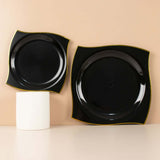 10 Pack | 8inch Black / Gold Wavy Rim Modern Square Plastic Dessert Plates, Disposable Salad Plates