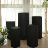 Set of 5 | Black Cylinder Stretch Fitted Pedestal Pillar Prop Covers, Display Box Stand Covers