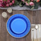 25 Pack | 10inch Royal Blue Sunray Gold Rimmed Serving Dinner Paper Plates, Disposable Party Plates