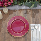 8inch Burgundy Heavy Duty Baroque Salad Plates with Gold Rim, Hard Plastic Dessert Appetizer Plates