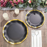 25 Pack | 8inch Matte Black / Gold Wavy Rim Disposable Salad Plates, Appetizer Dessert Party Plates