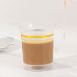 8 Pack 8oz Clear Plastic Coffee Mugs with Gold Stripes, Disposable Tea Cups with Handle - 3.5inch