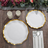 25 Pack | 10inch Matte White / Gold Wavy Rim Disposable Dinner Plates, Round Paper Party Plates