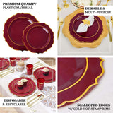 8inch Burgundy Plastic Dessert Salad Plates, Disposable Tableware Round With Gold Scalloped Rim