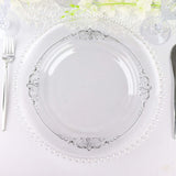 10 Pack | 10inch Clear Silver Leaf Embossed Baroque Plastic Dinner Plates