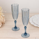 6 Pack Dusty Blue Crystal Cut Reusable Plastic Wedding Flute Glasses, 8oz Shatterproof