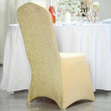 Champagne Spandex Stretch Banquet Chair Cover, Fitted with Metallic Shimmer Tinsel Back