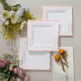 10 Pack - 7inch Rose Gold Trim White Square Plastic Salad Dessert Plates