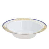 10 Pack | White Round 12oz Disposable Plastic Soup Bowl With Gold Vine and Royal Blue Rim